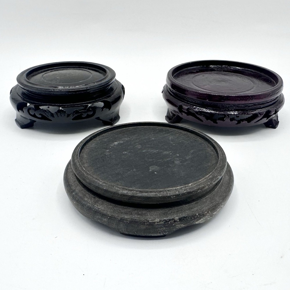 3 Small Round Asian Oriental Wood Plant Vase Stands Display Base READ